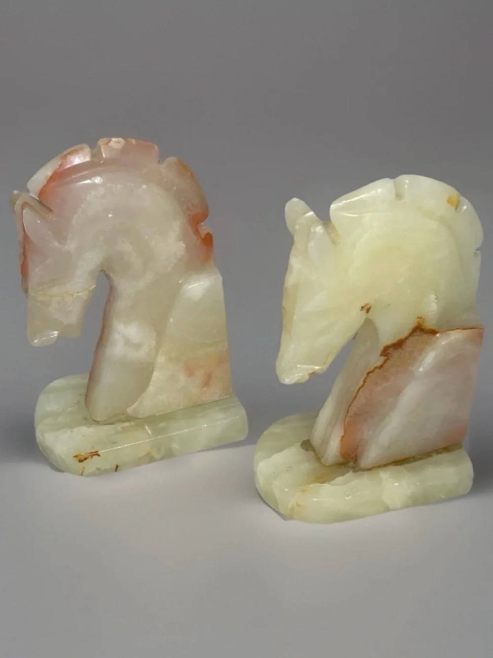 Vintage Hand-Carved Onyx Stone Trojan Horse Head Bookends MCM Art Deco
